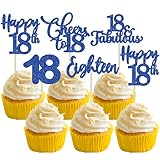 30 Pack Happy 18th Birthday Cupcake Toppers Dark Blue Glitter 18 Fabulous Cheers to 18 Years Old Birthday Cupcake Picks for Happy 18th Birthday Anniversary Party Cake Decorations