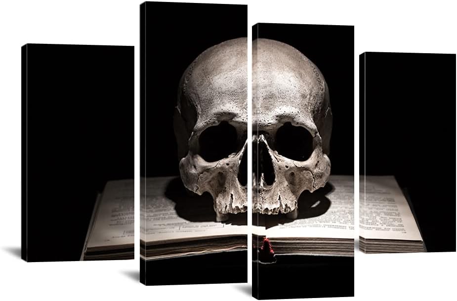 iLOOKLiKE 4 Pieces Skull Head on Book Canvas Wall Art Cool Skeleton Picture Poster Black and White Wall Decor Modern Vintage Artwork Stretched and Framed Poster Picture for Living Room Bedroom