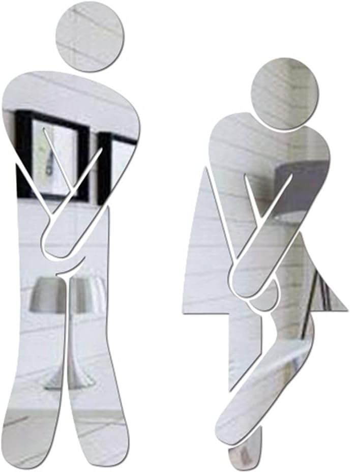 Toilet Sign 3D Acrylic Bathroom Mirror Stickers Woman and Man Toilet Sign Mirror Wall Sticker Home Door Sign (Men and Women Silver)