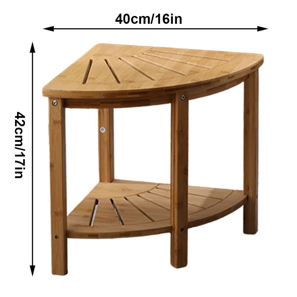 Taburete de ducha esquinero de bambú impermeable con estante de almacenamiento y reposapiés, banco de baño de madera de 2 niveles para afeitarse las piernas y organizar el baño