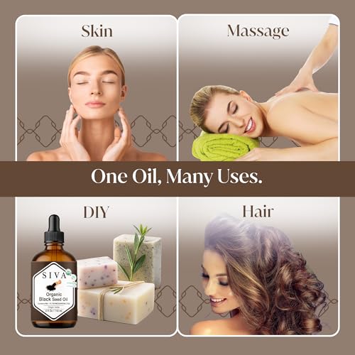 Image of SIVA ORGANICS Black Seed Carrier Oil with Dropper, 4 Fl Oz (118 ml) | Organic Black Seed Oil for Hair Care, Hair Oiling, Scalp Massage, Skin Care, Body Massage & DIY Recipes in Glass Bottle