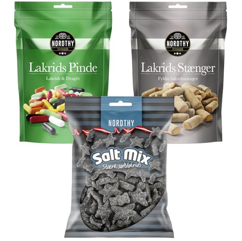 Nordthy Lakritz Mix 3er Set – Salzlakritz Mix stark, mit Salmiak gefüllte Lakritzstangen & Lakritz-Dragees – 470 g