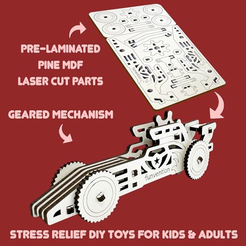 Image of Funvention Fun-Fidget DIY Mechanical Models (Return Gift Pack of 6) - F1 Racer Car & Cruiser Bike - 3D Wooden Puzzle, Build & Play Gear Toy, STEM Activity, Birthday Return Gifts for Kids Age 5+