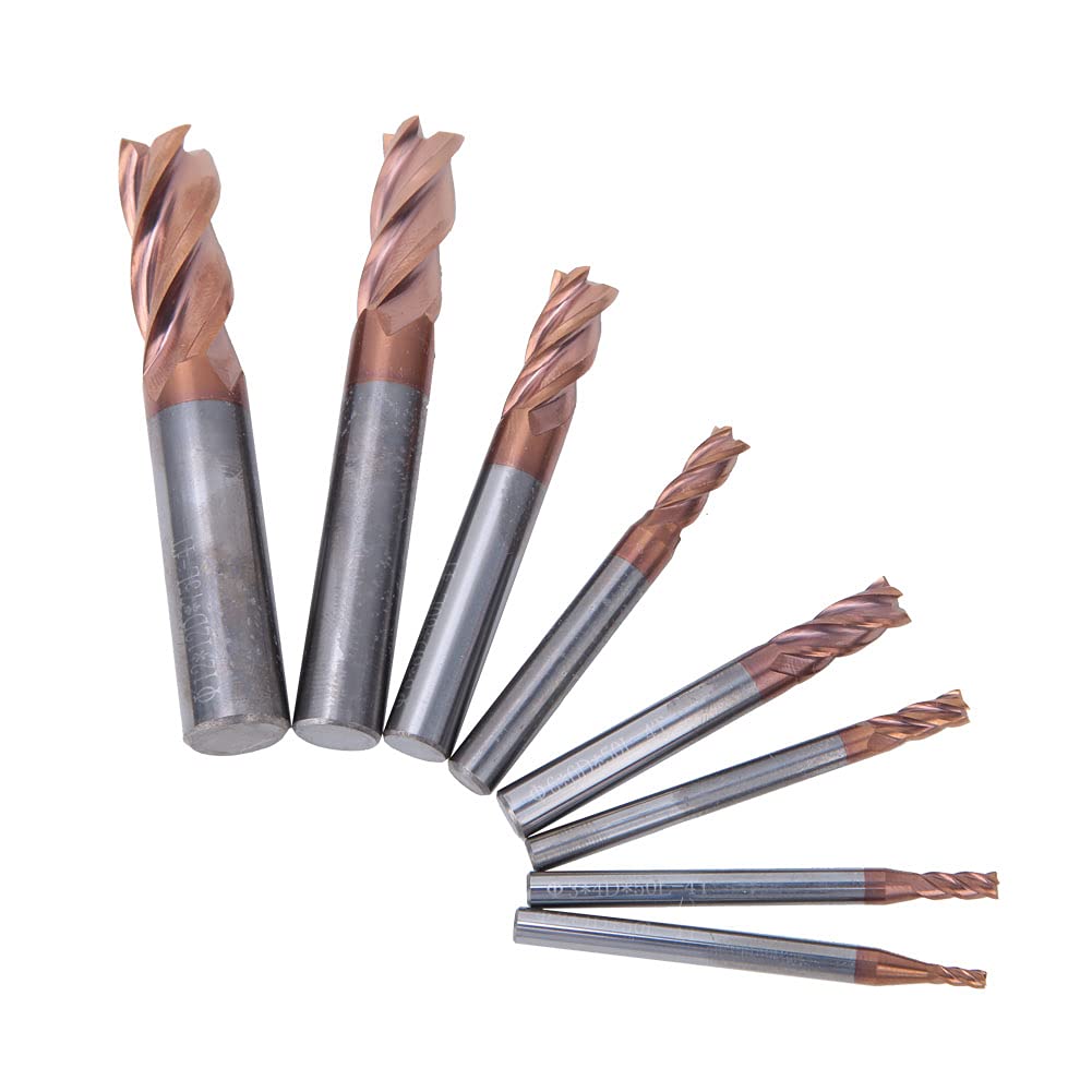 End Mill, 8 Pcs Milling Machine Tools Tungsten Steel End Mill Bronze Composited Nano-Coated 4 Flutes 55HRC Milling Cutter Milling Bits for Processing Stainless Steel