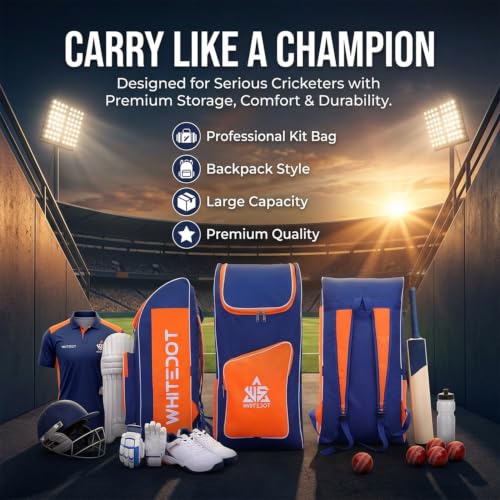 Image of WHITEDOT SPORTS Teal Cricket Kitbag - Navy Blue & Orange | Large Capacity Backpack Duffle with Separate Bat Pocket | Stylish & Durable Cricket Equipment Bag for All Players