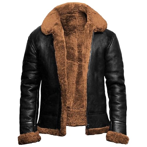 Mens Shearling Bomber Sheepskin Leathers Jacket Warm Fleece Lined Aviator Coat Faux Sheep Skin Leather PU Jackets
