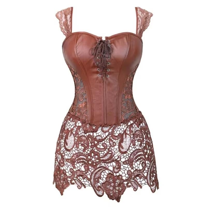 Vestido Corsé Mujer Push Up Steampunk con Tirantes Bustier de Cuero Sintético Corsé con Cordones y Cremallera Trasera Estilo Punk