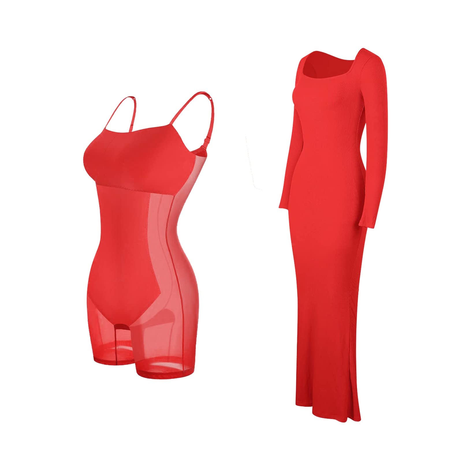 Vestido cruzado para mujer, largo, manga larga, cuello cuadrado, corte ajustado, informal, básico, liso, elegante, de 2 piezas, vestido largo hasta el tobillo, vestido de manga larga, tallas grandes,