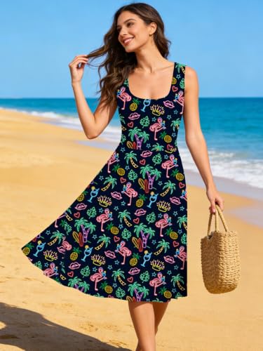 Image of uideazone Women Funny Print Sleeveless U Neck A Line Casual Midi Dress