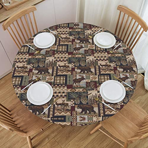 Celuce Rustic Lodge Bear Printed Round Tablecloth Elastic Edge Design Wrinkle-Proof And Oil-Proof Washable Suitable For 40-50 Inch Round Table #TOP2