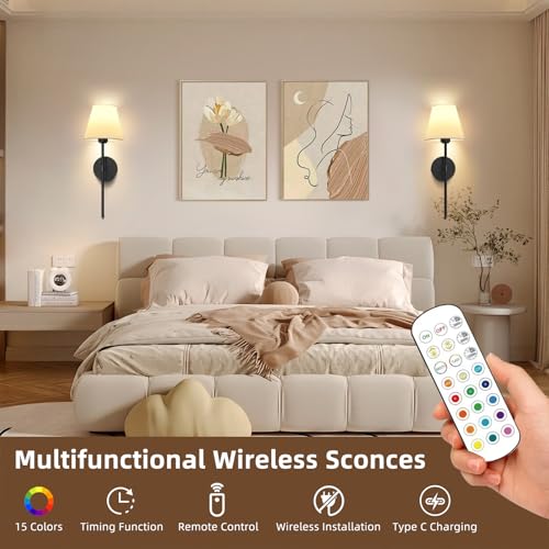 Image of Battery Operated Wall Sconce Set of 2, Black Rechargeable Wall Sconces Set of Two with Remote Control,Dimmable Wall Lamp with Detachable Bulbs,15 Colors Wall Light for Bedroom Living Room Hallway