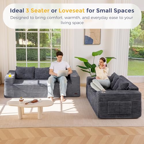 Image of MAXYOYO 79 inch Oversized Boneless Loveseat Sofa Couch for Small Spaces, Mini Love Seat Floor Couch with Cup Holders and Pillows, 3-Seater Upholstered Cloud Couch for Bedroom, No Assembly Required