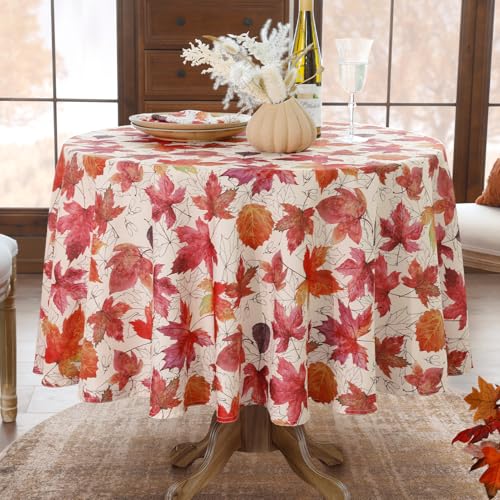 Softalker Mantel de Otoño Redondo 120 cm - Decoración Otoñal con Hojas de Arce en Naranja y Rojo - Impermeable y Fácil de Limpiar para Cocina,Salón,Halloween y Fiestas de Otoño,Mesa Alta,Cafetería
