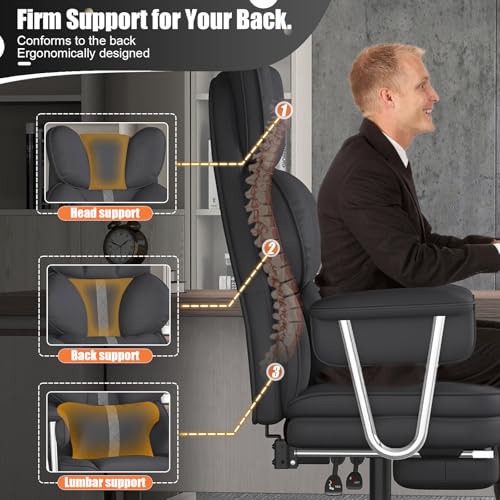 Big and Tall Office Chair,Leather Executive Office Desk Chair with Lumbar Support,400bls Comfy Ergonomic High-Back Reclining Computer Chairs,Swivel Rolling Wheels and Retractable F image 4