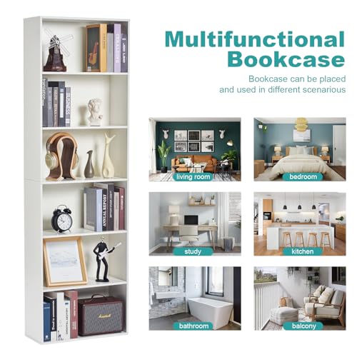 OneBlis 6-Tier Book Shelf, Floor Standing Open Bookcase, Wooden Display Storage Shelves with Anti-Tipping Device, 71\" Tall Bookshelf for Bedroom, Living Room and Office, White - Thumbnail 7
