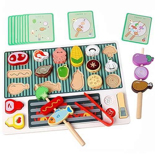 Vndnsy Juego de alimentos de madera de juguete para barbacoa de 31 piezas para niños, accesorios de cocina de juegos, juguetes de rol, juguetes de comida para barbacoa, juego de rol, regalo para 3