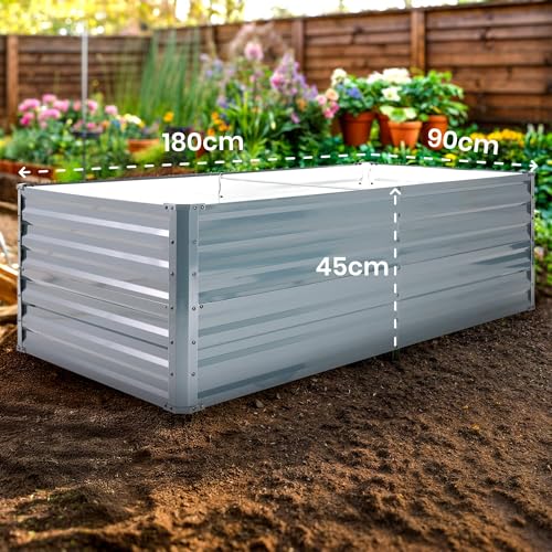 Arebos Metalowe łóżko ogrodowe 180x90x45 cm | łóżko ogrodowe ze stali ocynkowanej | odporne na warunki atmosferyczne i rdzę łóżko do sadzenia | prostokątne łóżko warzywne do ogrodu i patio
