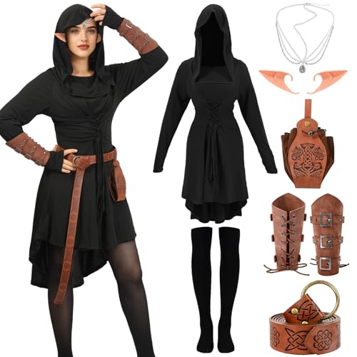 Hqroidd 7PCS Renaissance Medieval Costume Women, Hooded Fairy Dress Lace Up Outfits with Vintage Arm Pouch Belt Faux Leather Props (Black, Small)