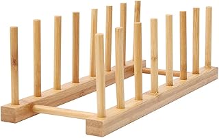 Teensery Bamboo Wood Dish Rack Detachable Plate Pot Cup Lid Drying Storage Holder Stand for Home Kitchen Cabinet (7 Slots)