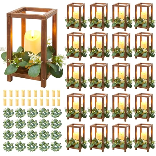 Tristcily Juego de 60 piezas / 20 faroles de madera para bodas, centros de mesa con 20 soportes, 20 velas, 20 coronas para decoración de mesa rústica, granero de campo, fiesta de boda (marrón)