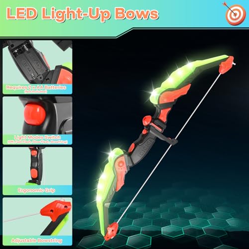 Gvdeirn Bows and Arrows Set for Kids, 2 Pack LED Light Up Archery Set with 20 Suction Cup Arrows, Standing Target & Quivers, Kids Boys Girls Toys Outdoor Toys Birthday Gifts for 3-12 Years Old - Image 2