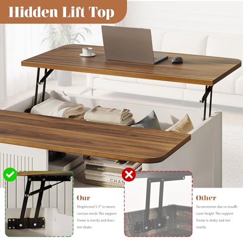 Image of Decofy Lift Top Coffee Table with Storage, Square Coffee Table with Large Hidden Storage & Adjustable Shelves, Farmhouse Center Table with Sliding Door for Living Room, Home Office, White