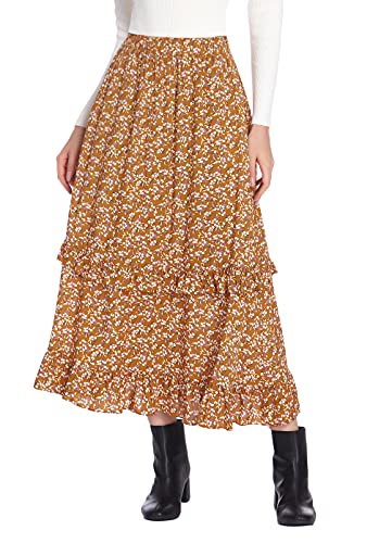 Zeagoo Long Skirt for Women Elastic Waist Midi Skirt Ruffle Skirt Maxi Skirt with Pockets High Waist Skirt Pleated Skirt Summer Skirt XL