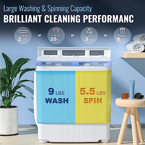 Superday Portable Mini Twin Tub Washing Machine Compact Washer And Spin Dryer W/Wash And Spin Cycle 14.5Lbs Capacity For Camping, Apartments, Dorms, College Rooms, Rv’s, Delicates, Blue And White #TOP3
