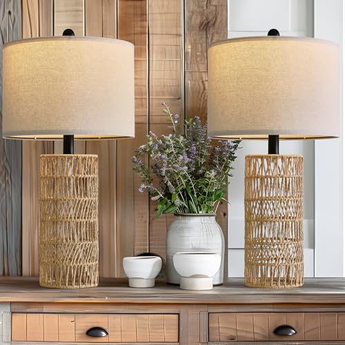 Image of OYEARS 22.5 inch Boho Table Lamps Set of 2 for Living Room, Bedside Lamp for Nightstands, Rattan Lamp for Bedroom, Farmhouse Table Lamp for Room Decor, End Table, Retro, Brown(Not Include Bulbs)