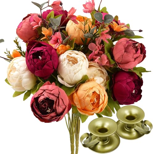 Image of FiveSeasonStuff Sunset Whisper Artificial Peony & Hydrangea Bouquets, 2 Silk Flower Bundles with 2 Gold Taper Candle Holders, Cream Apricot & Berry Red Centerpiece for Home & Wedding Tables