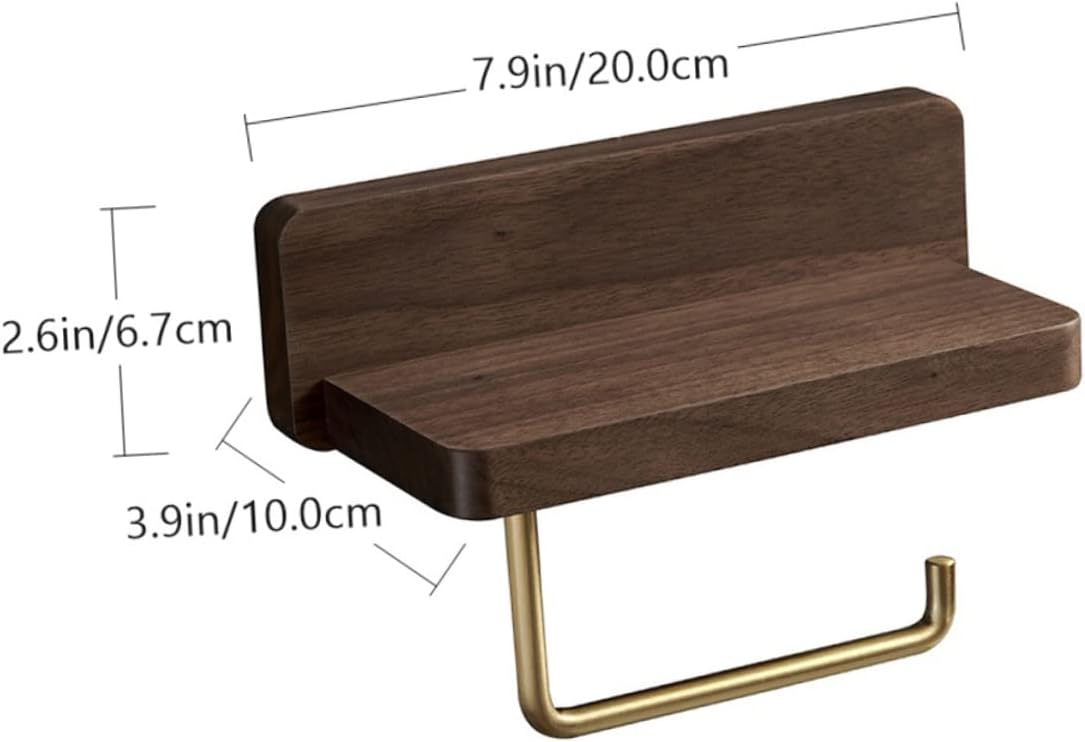 Wall Mounted Toilet Paper Holder with Phone Shelf Bathroom Roll Tissue Rack Natural Walnut Finish Easy to Install Space-Saving Design for Use