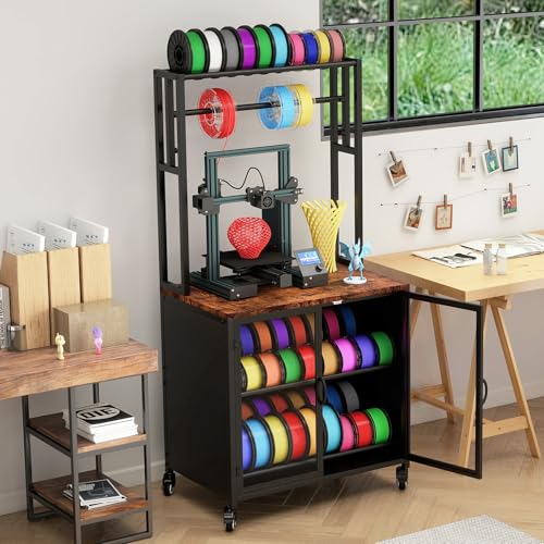 MASHELLY 3D Printer Stand with Filament Storage,3D Printing Filament Organizing Table, with Wheels and Storage Cabinet, Heavy-Duty 3D Printer Workbench for Studios and Offices, Black