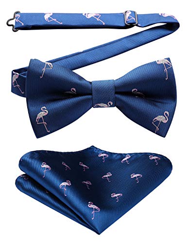 Flamingo Bow Ties for Men Animal Pre-tied Bowties Pocket Square Woven Jacquard Fun Pattern Bowtie Handkerchief Set for Party & Business