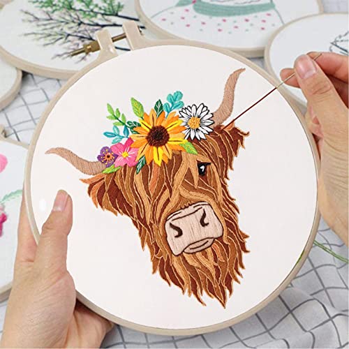 Image of Louise Maelys Animal Embroidery Kits for Beginners with Highland Cow Pattern,Adults Starter Cross Stitch Kit DIY Needlepoint
