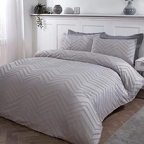 Sleepdown Tufted Wave Stripe Nordic Geo White Soft Cosy Easy Care Luxury Duvet Cover Quilt Bedding Set with Pillowcases - Double (200cm x 200cm)