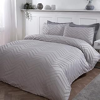 Sleepdown Tufted Wave Stripe Nordic Geo White Soft Cosy Easy Care Luxury Duvet Cover Quilt Bedding Set with Pillowcases - Double (200cm x 200cm)