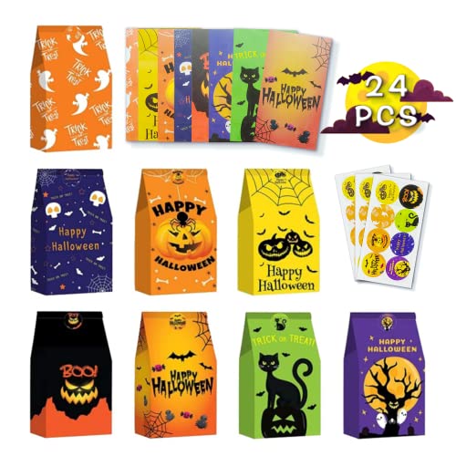 CGLRybO 24 Stück Halloween Geschenktüten Süßigkeiten Tüten, Partytüten Papier Tasche mit Aufklebern, Candy Bags für Halloween Deko Kinderparty Cover