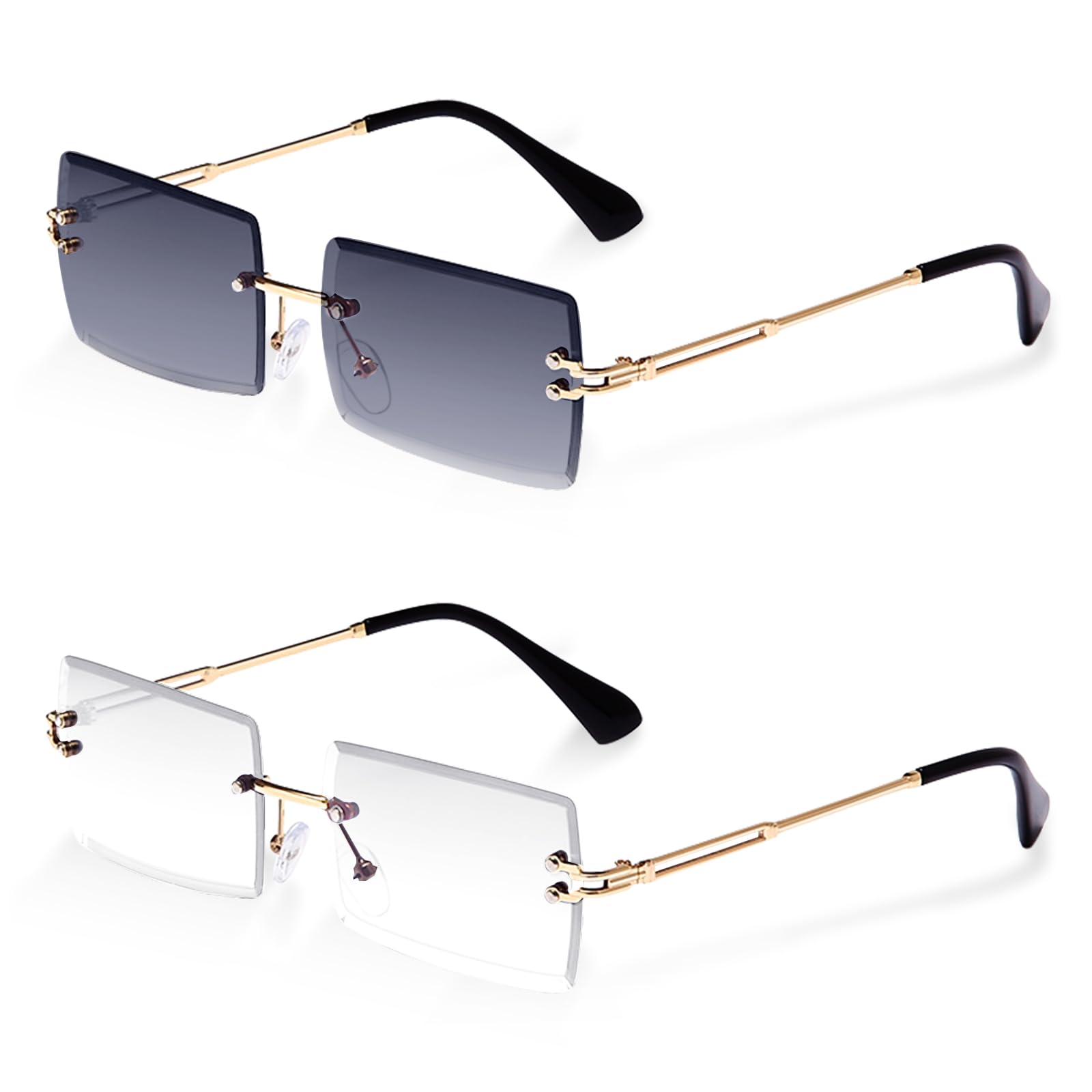Photo 1 of **BUNDLE OF 2 (NON REFUNDABLE)**
Rimless Rectangle Sunglasses Tinted Frameless Square Glasses Eyewear Vintage Transparent Glasses for Women Men Black and Transparent