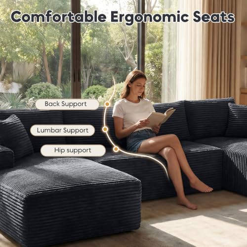 Image of 125 inch Modular Sectional Sofa Couch, U-Shaped Boneless Couch, Dark Grey | Boneless Couches for Living Room, Cloud Luxury Comfort, Storage & Cupholder, Corduroy Couch, Deep Seat, No Assembly Required