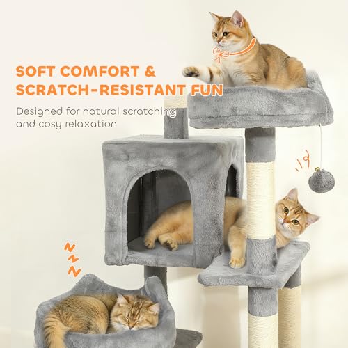 Pawhut Cat Tree, 192 Cm Large Multi-Level Cat Tower For Indoor Kittens With 8 Scratching Posts, 3 Plush Beds, 2 Hammocks, 2 Large Condos, Ramp, Pompoms, Light Grey - 6