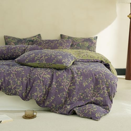 Simple&Opulence Muslin Duvet Cover Set Queen Size 100% Washed Cotton 3 Pieces Yarn-Dyed Vintage Purple Floral Jacquard Textured Bedding Soft & Breathable Gauze Comforter Cover with Zipper Closure