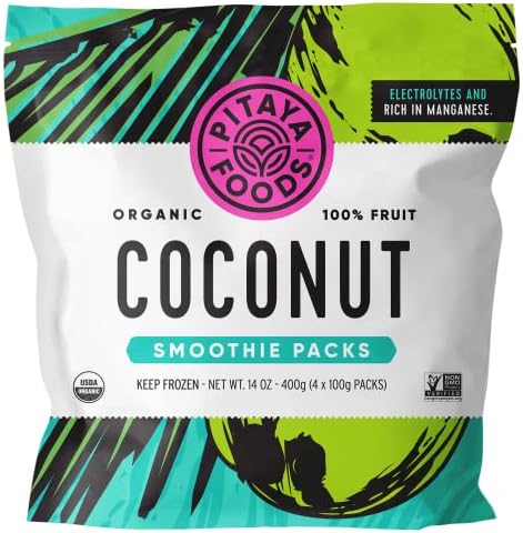 Pitaya Foods - Organic Coconut Smoothie Packs, Pre-Packaged Frozen Fruit Purée, No Added Sugar or Preservatives, Good Source of Fiber & Manganese, Gluten- & Dairy-Free, 100% Fruit (14 oz, 8-Pack)
