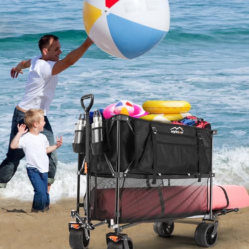 Uyittour Large Double Decker Wagon 400L, Heavy Duty Extra-Long Extended Beach Wagon with 485lbs Weight Capacity, Collapsible Foldable Wagon Cart with Big All-Terrain Wheels for Outdoor Activities