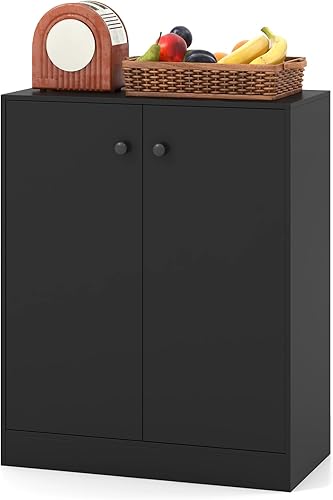 GOFLAME Armario de almacenamiento de piso con 2 puertas, armario de almacenamiento independiente con estante de almacenamiento de 3 niveles,