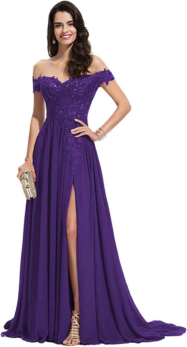 Off Shoulder Chiffon Prom Dress for Women Lace Applique Bridesmaid Dresses Long Wedding Guest Dress with Slit