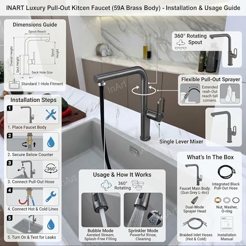 Image of INART Luxury Pull-Out Kitchen Faucet - Brass Mixer Tap with Dual Flow Modes, 360 Rotation & Hot /Cold Water Control | Gun Grey