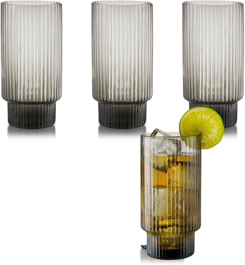 Qualia Carousel Gray Highball Glasses Set of 4 Ribbed Glass Cups 18 oz Fluted Cocktail Glasses Lead-Free Colored Glassware, Dishwasher Safe Colored Drinking Glasses, House Warming Gifts
