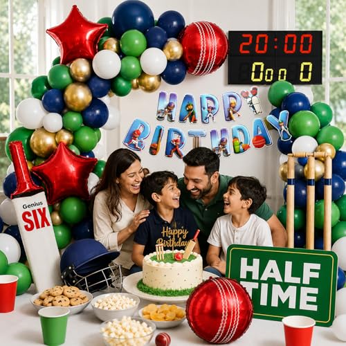 Image of Cricket Theme Birthday Decoration Kit for Boys with Balloon, Happy Birthday Banner, Bat Foil Balloon, Cricket Ball Foils, Scoreboard Props & Party Decor Set.