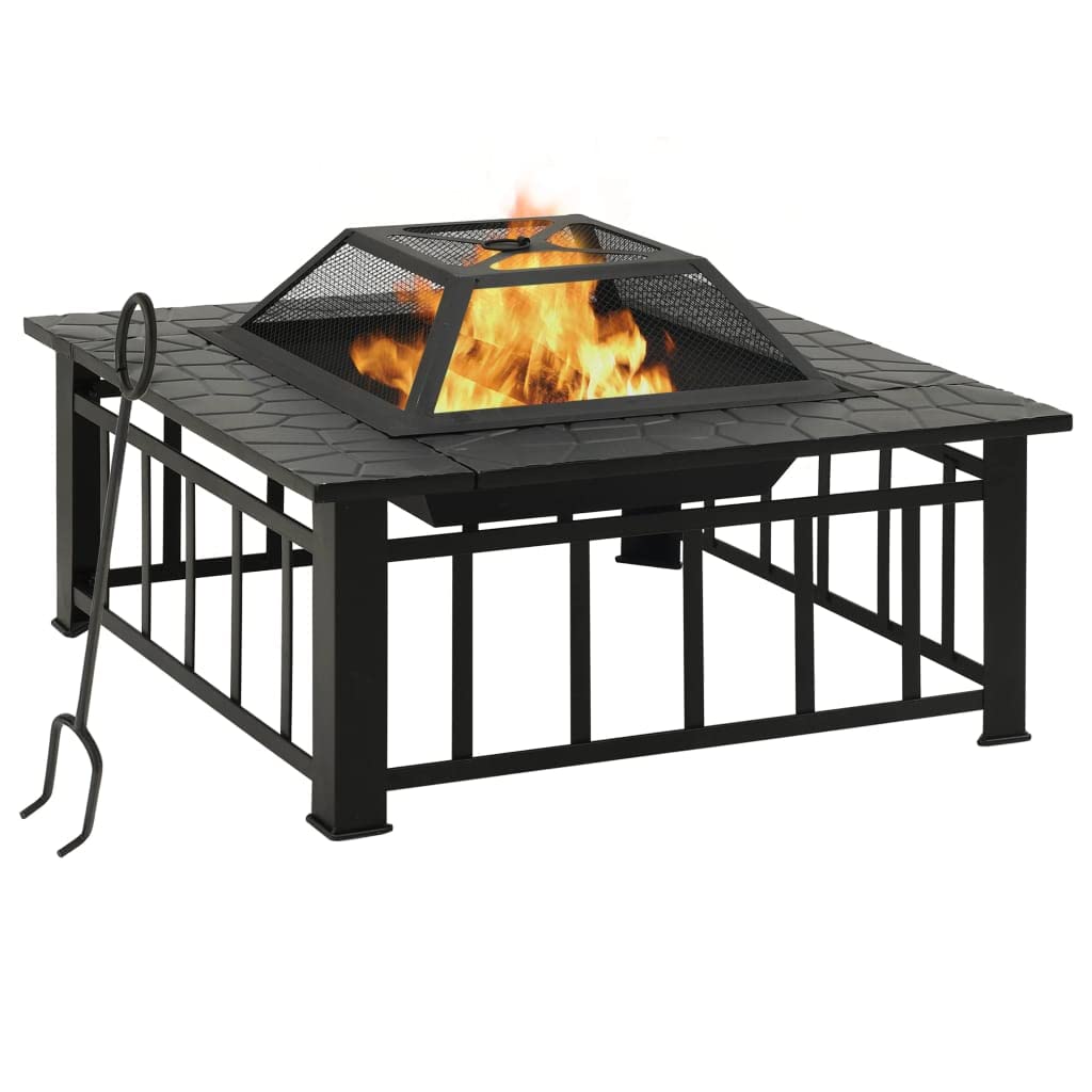 vidaXL Brasero de Jardín con Atizador Patio Terraza Balcón Exterior Cuenco Chimenea Fogata Hornillo Calentador Calefactor Acero XXL 81x81x47 cm