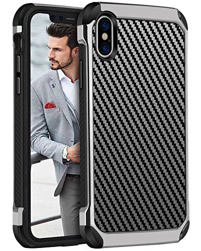 YINLAI iPhone Xs Case, iPhone X Case Slim Hybrid Dual Layer TPU Bumper Hard PC Cover with Carbon Fiber Texture Faux Leather Shockproof Anti-Slip Protective Phone Cases for Boys Men iPhone X/XS Black
